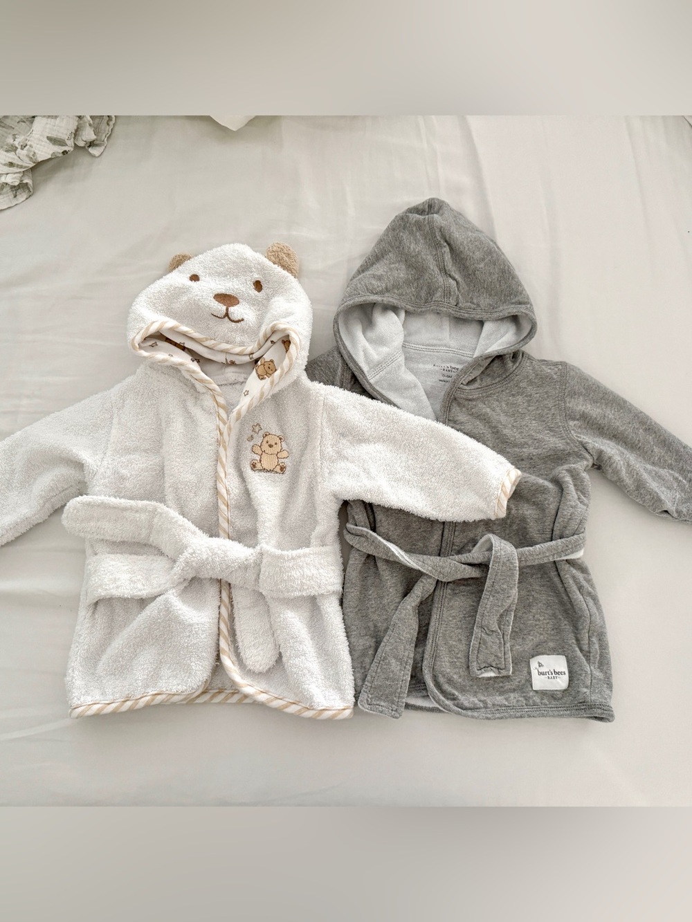 Little Me White Teddy Hooded Bath Robe & Burt’s Bees Gray Hooded Bathrobe